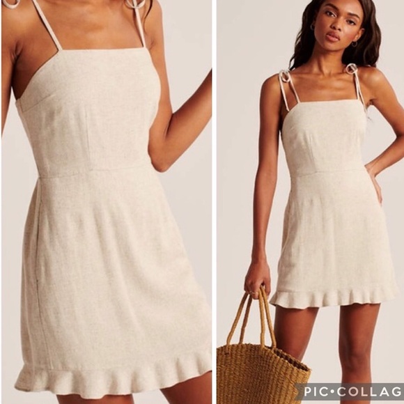 Abercrombie & Fitch Tie Strap Ruffle Hem Mini Linen Dress - Picture 7 of 9